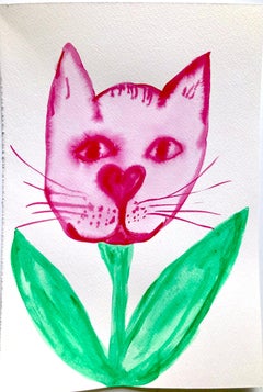 Pink Cat  Head Tulip Watercolor w Heart Shaped Nose