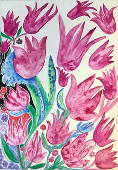 Large Pink Tulips like Waving Hands painting on paper