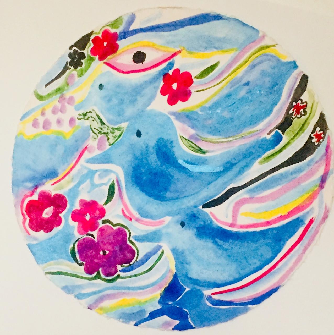 Trois  Aquarelle oiseaux et fleurs Tondo - Symbolisme Art par Nina Bovasso