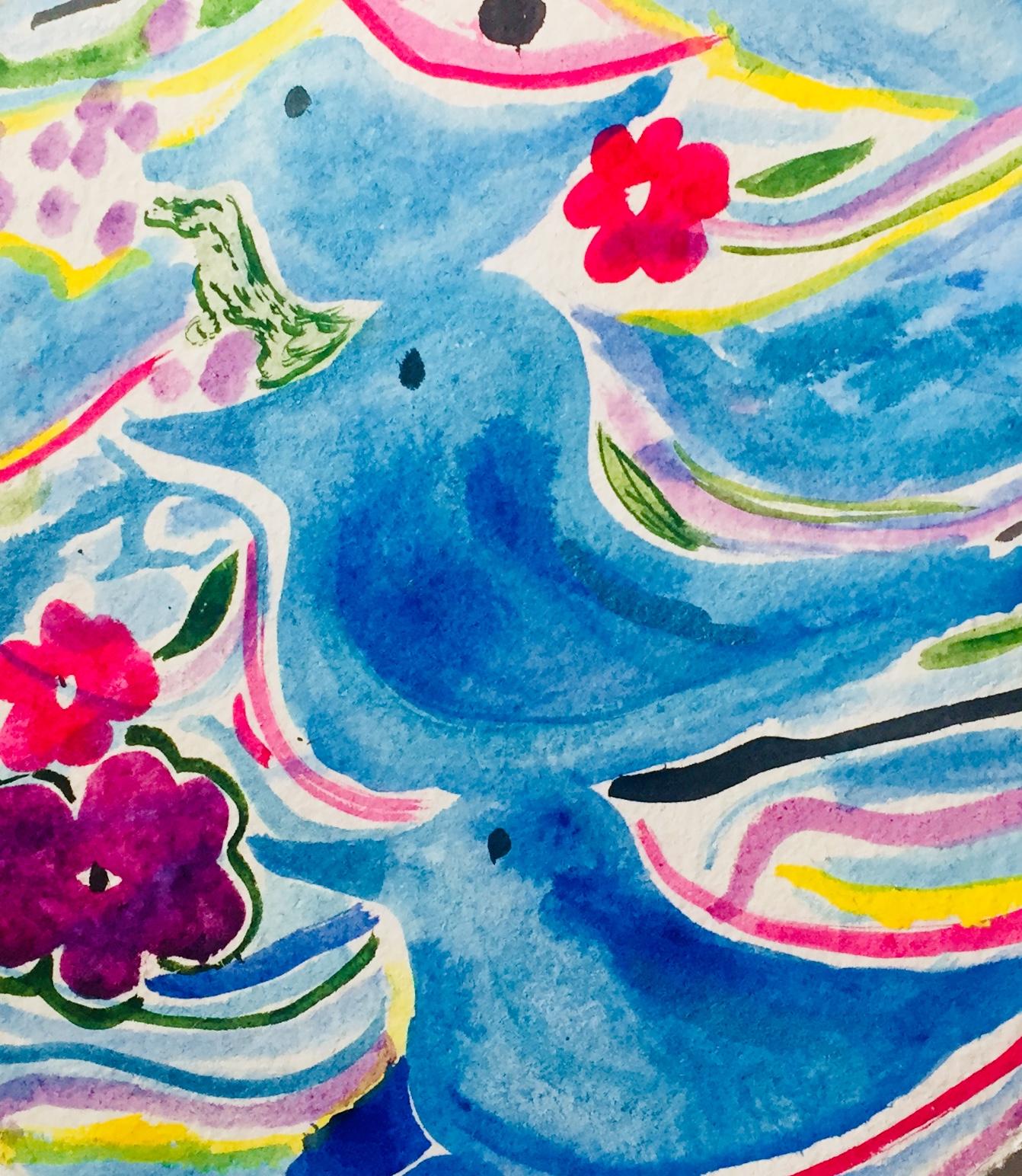 Three  Birds & Flowers Watercolor Tondo - Art by Nina Bovasso