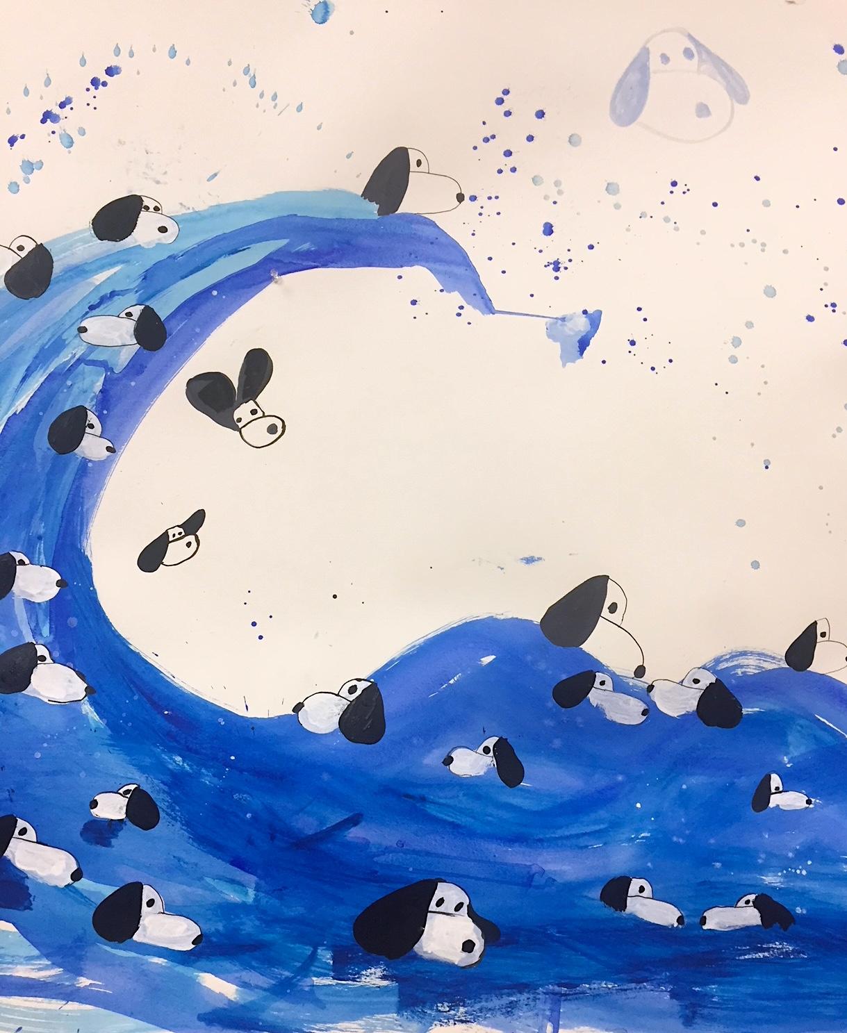 Snoopies in the Surf panorama long scroll painting on paper - Art by Nina Bovasso