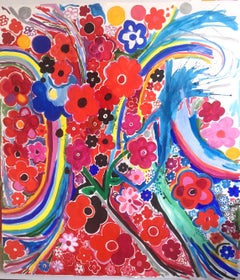 Large Red Flowers and Water Splashes Dynamic Composition on Paper 2