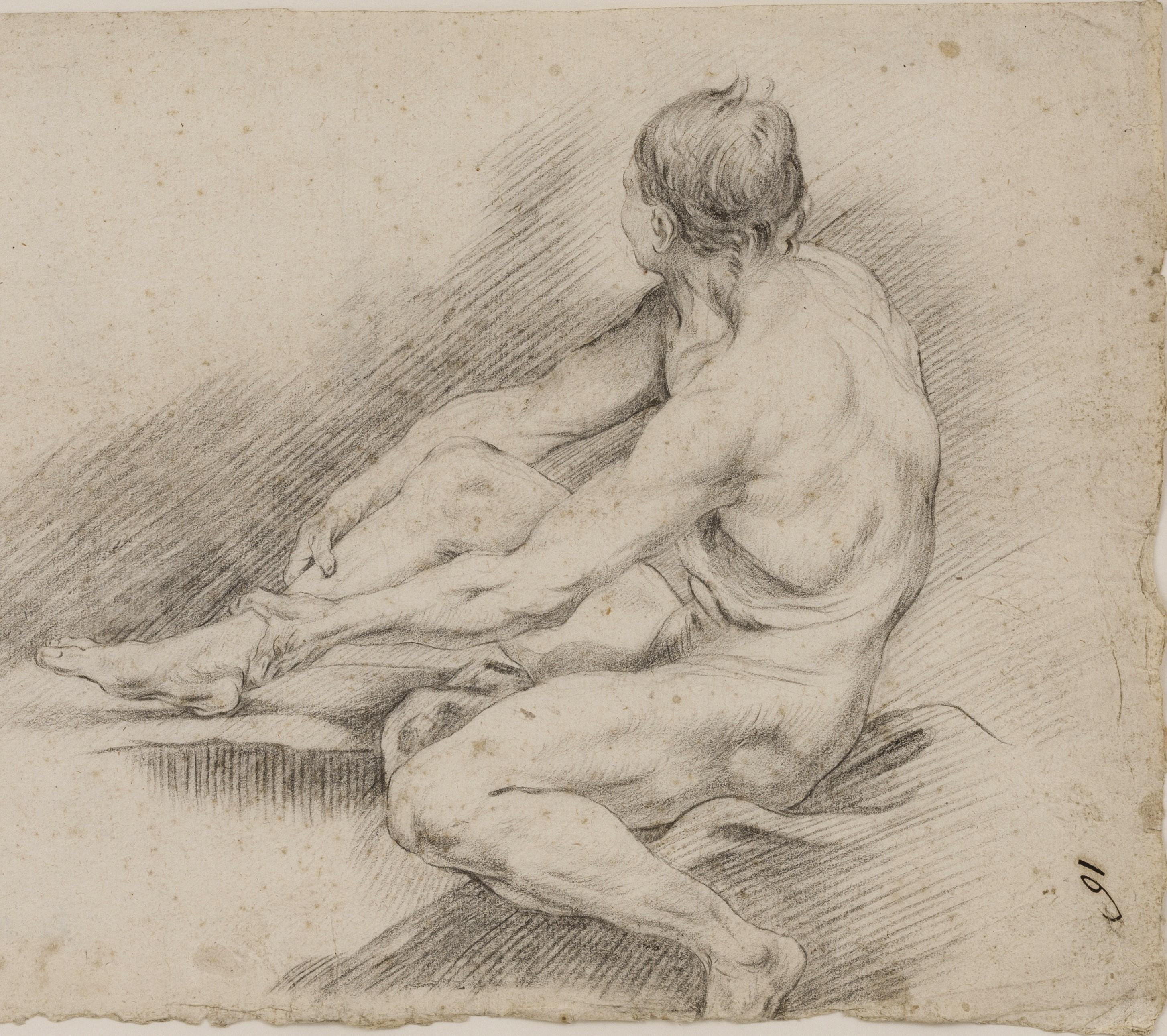 Black chalk on paper, 19cm x 31cm, (35cm x 46cm framed). 

Drawings and paintings of the nude were central to academic art training in Europe from the 16th century onwards. The practice of repeatedly drawing the nude, and particularly the male nude,