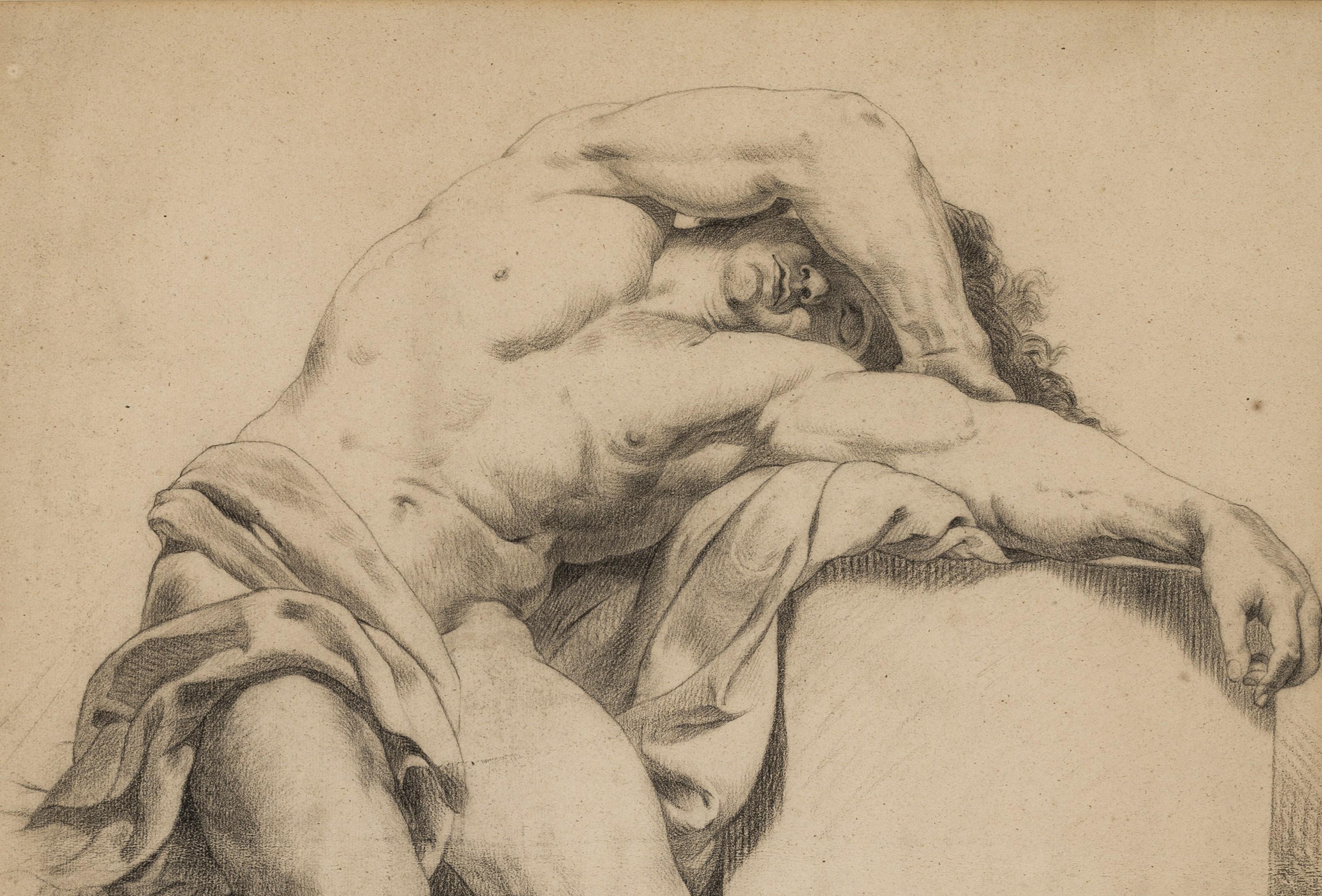 Pencil on paper, dated (lower right), 55cm x 44cm (76cm x 64cm framed)

Drawings and paintings of the nude were central to academic art training in Europe from the 16th century onwards. The practice of repeatedly drawing the nude, and particularly
