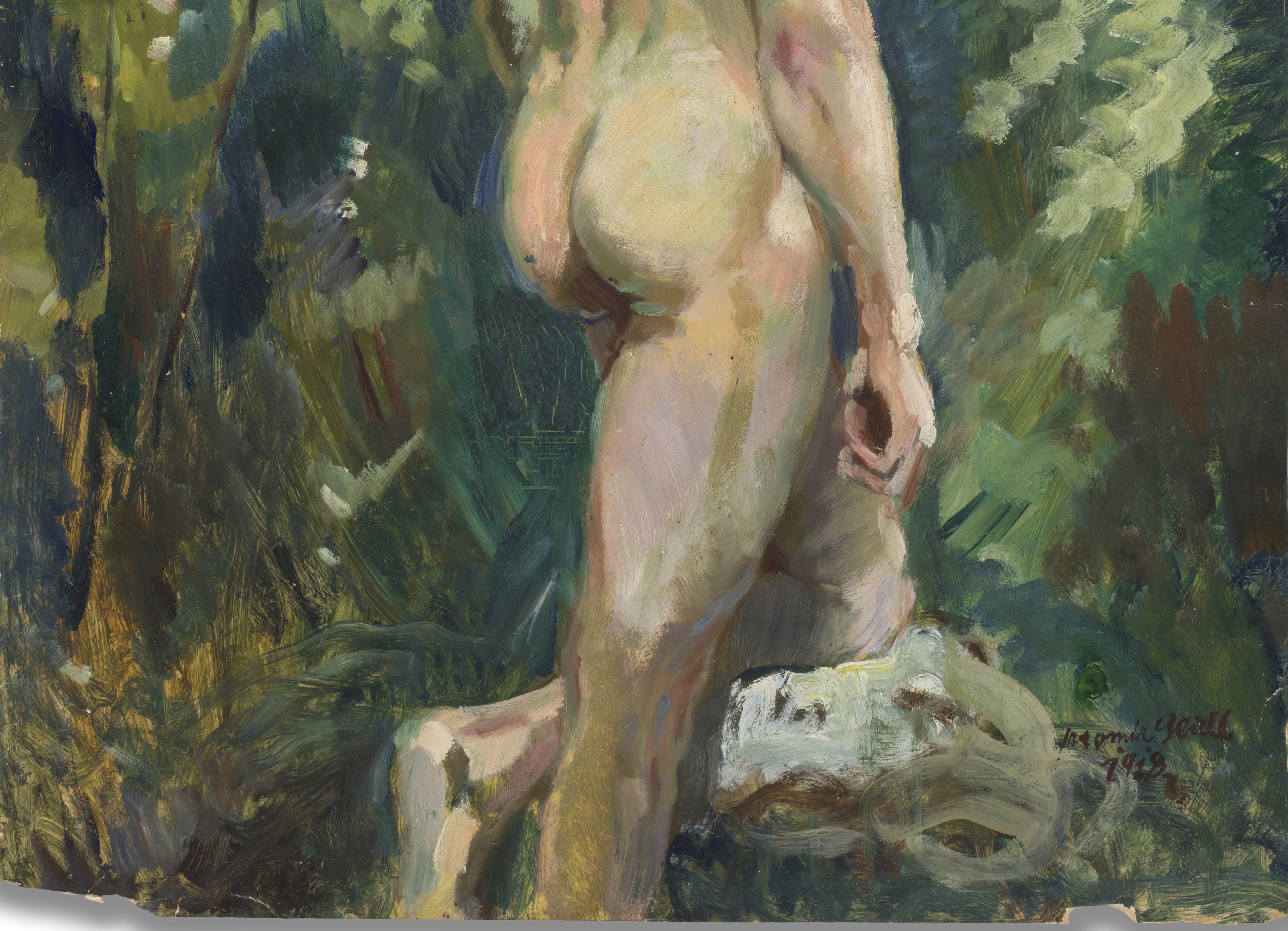 Männlicher Akt in einer Landschaft (Grau), Figurative Painting, von Jaromir Seidl