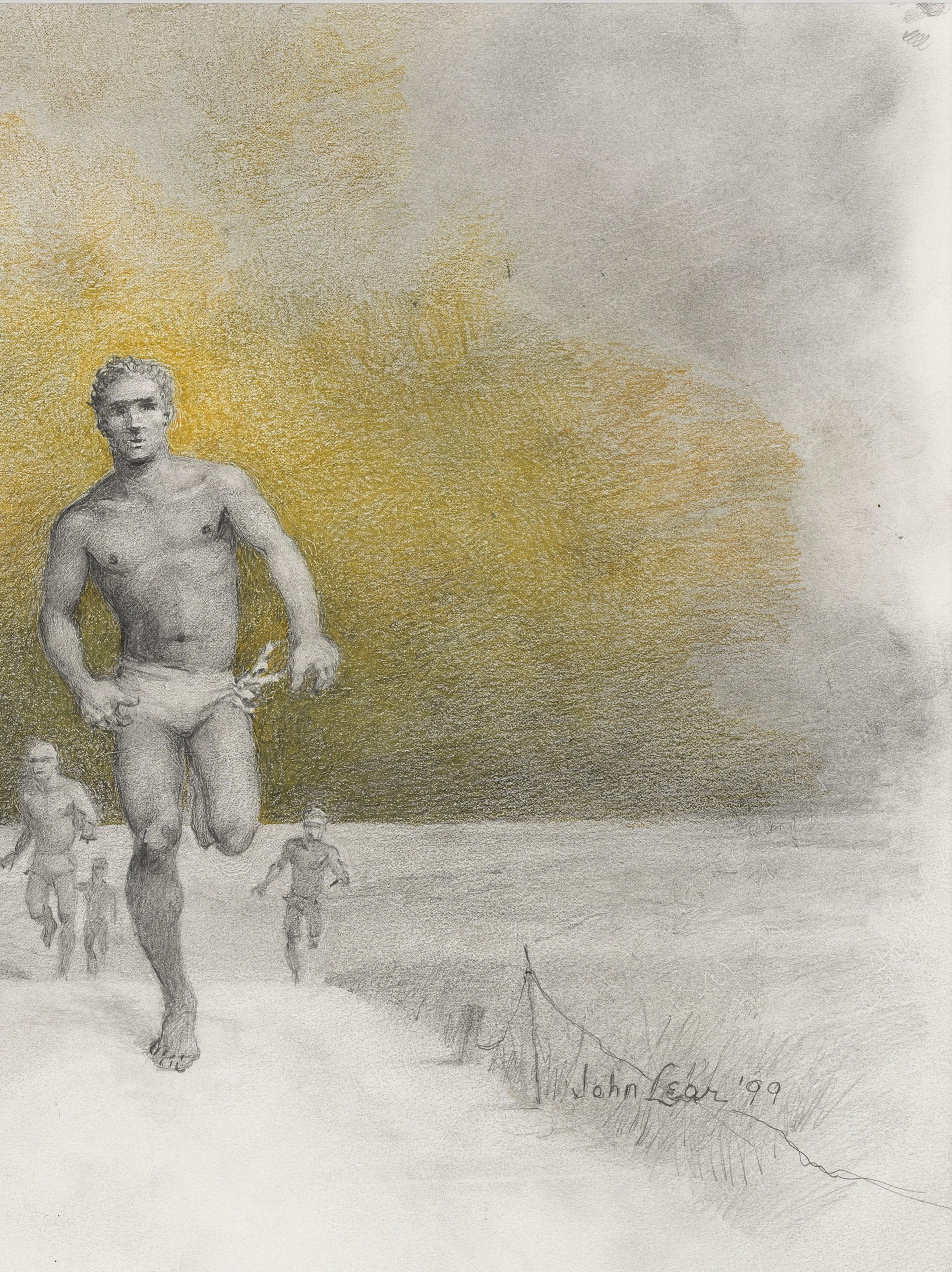 Graphite and coloured pencil on paper, signed and dated (lower right), 36cm x 44cm, (45cm x 53cm framed). The picture is behind museum quality non-reflective UV glass. 

Throughout his long career, Lear primarily explored homoeroticism in a truly