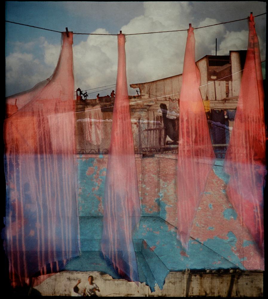 Nancy Goldring Color Photograph - La Guarida (Framed Cibachrome Foto-Projection Collage of Clothes Line in Italy)