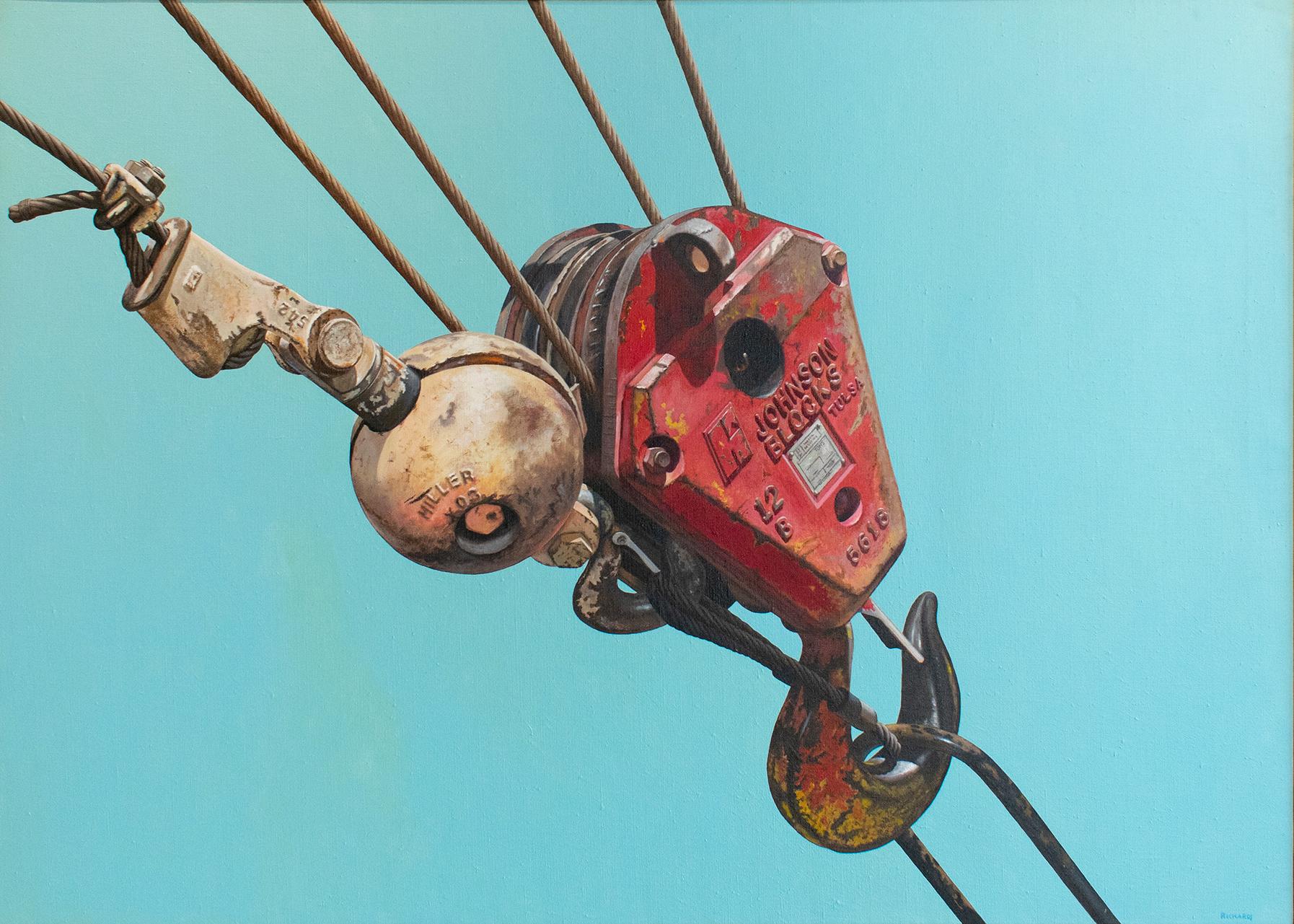 Joseph E. Richards Figurative Painting - Johnson Blocks (American Photorealist Painting of Red Industrial Crane on Blue) 