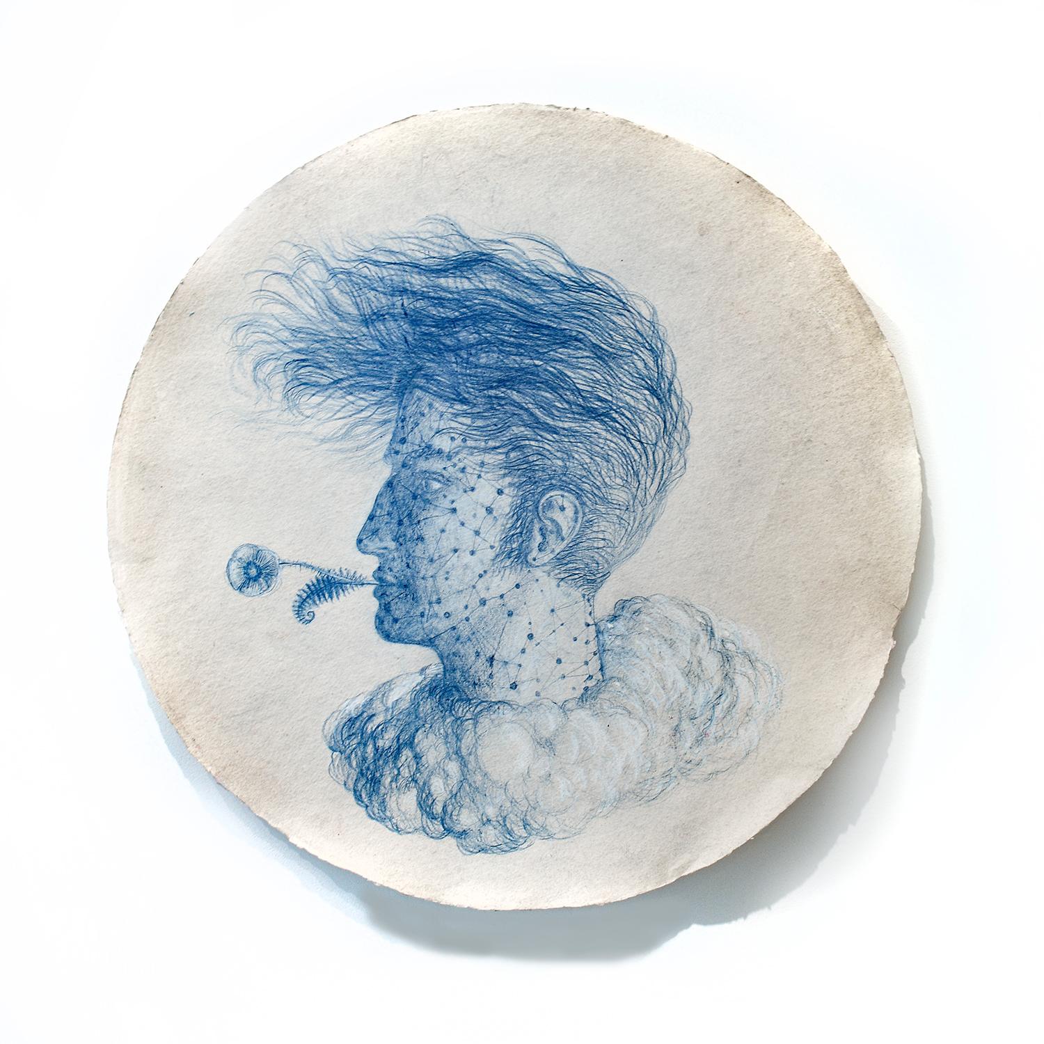 Poet's Augury (Round Portrait Drawing in Blue Pastel by Kahn & Selesnick)