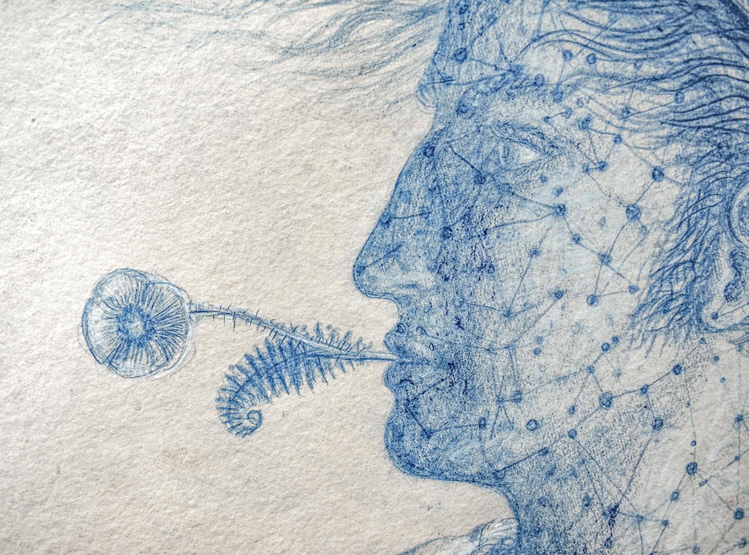 Poet's Augury (Rundporträtzeichnung in blauem Pastell von Kahn & Selesnick) – Art von Nicholas Kahn & Richard Selesnick