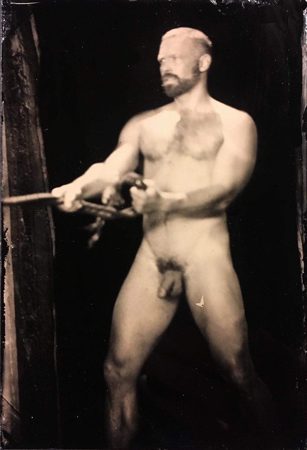 David Sokosh Figurative Photograph - Nathan With Rope (Figurative Tin Type Photograph of Male Nude in Vintage Frame)