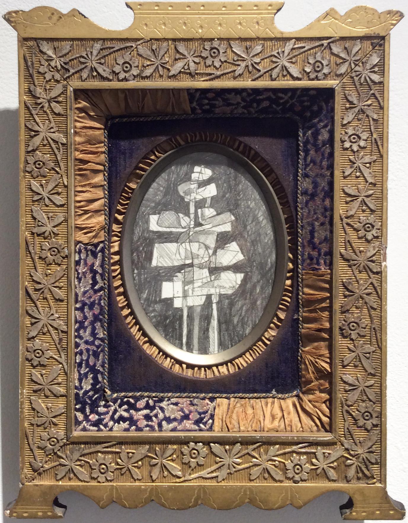David Dew Bruner Abstract Drawing - Infanta XXIII (Abstract Cubist Figure in Vintage Embroidered Gold Frame)