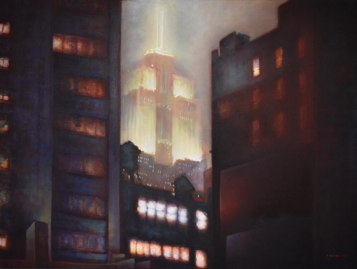 Ricardo Mulero  Landscape Painting - Empire (Cityscape Painting of New York City's Empire State Building at Night) 