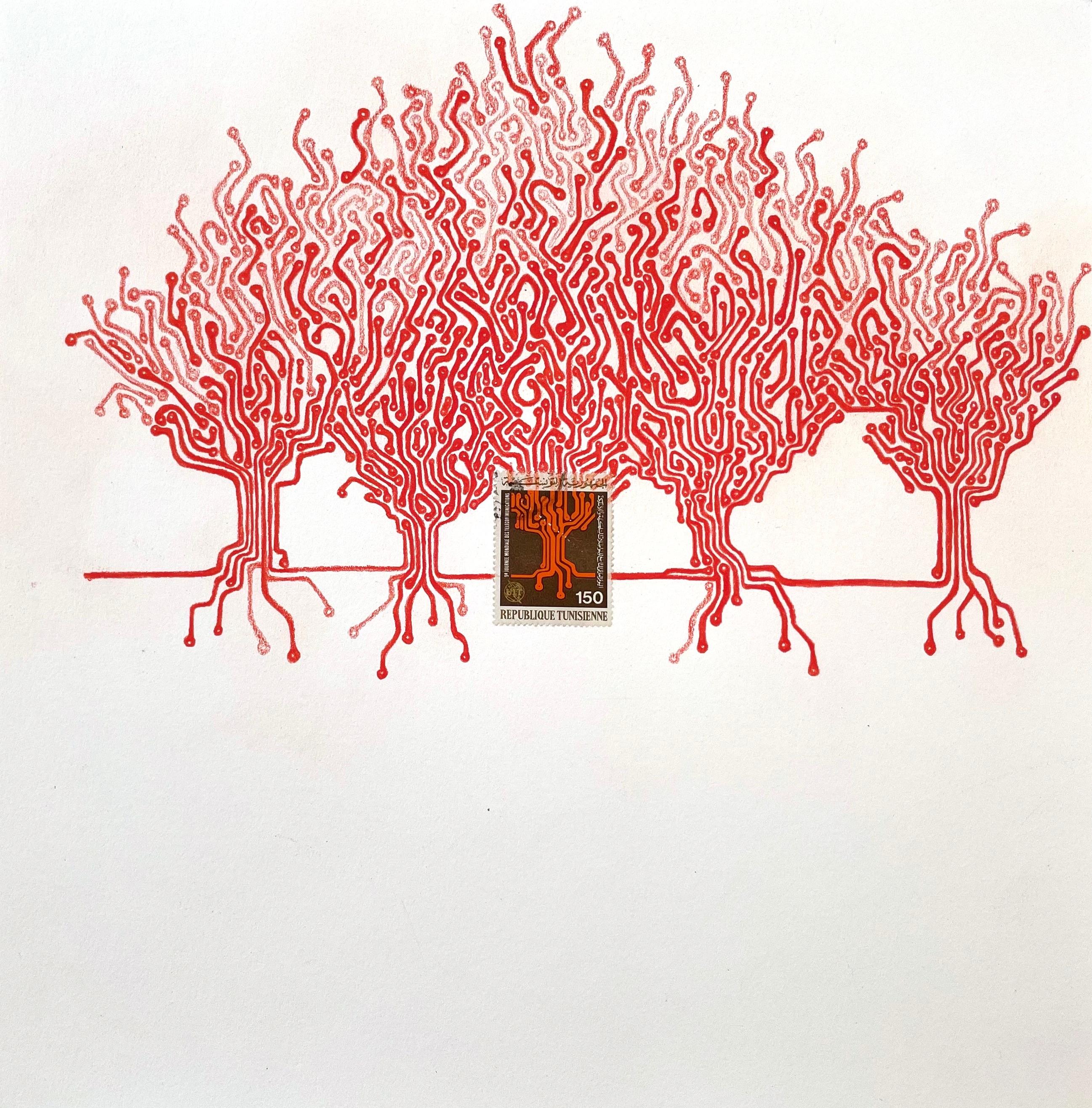 Túnez, árboles rojos (Dibujo a lápiz de color y sello único de Andrea Moreau)