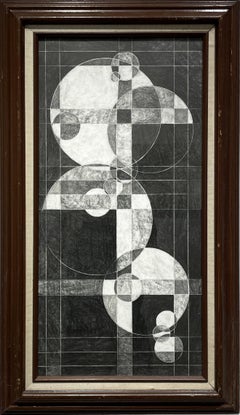 Lunar Oculus III (Monochrome Drawing of Geometric Abstraction in Vintage Frame)