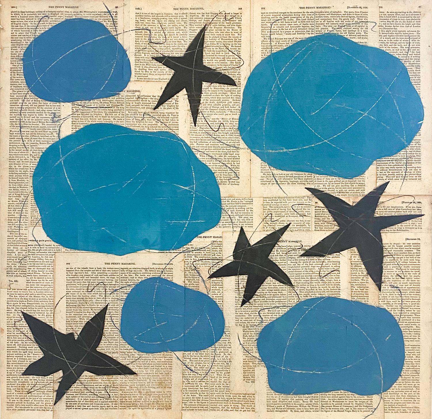 Penny Sterne und Wolken (Matisse inspirierte Zeichnung auf gerahmten Vintage-Bücherseiten)