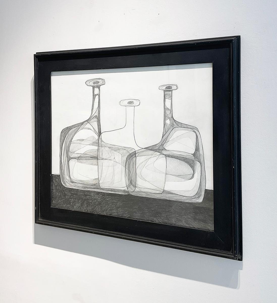 Abstract cubist style still life graphite drawing inspired by Giorgio Morandi's bottle paintings 
“Three Morandi Bottles II” by Hudson Valley artist, David Dew Bruner, made in 2022
Graphite on paper in a vintage black painted wood frame
Sight