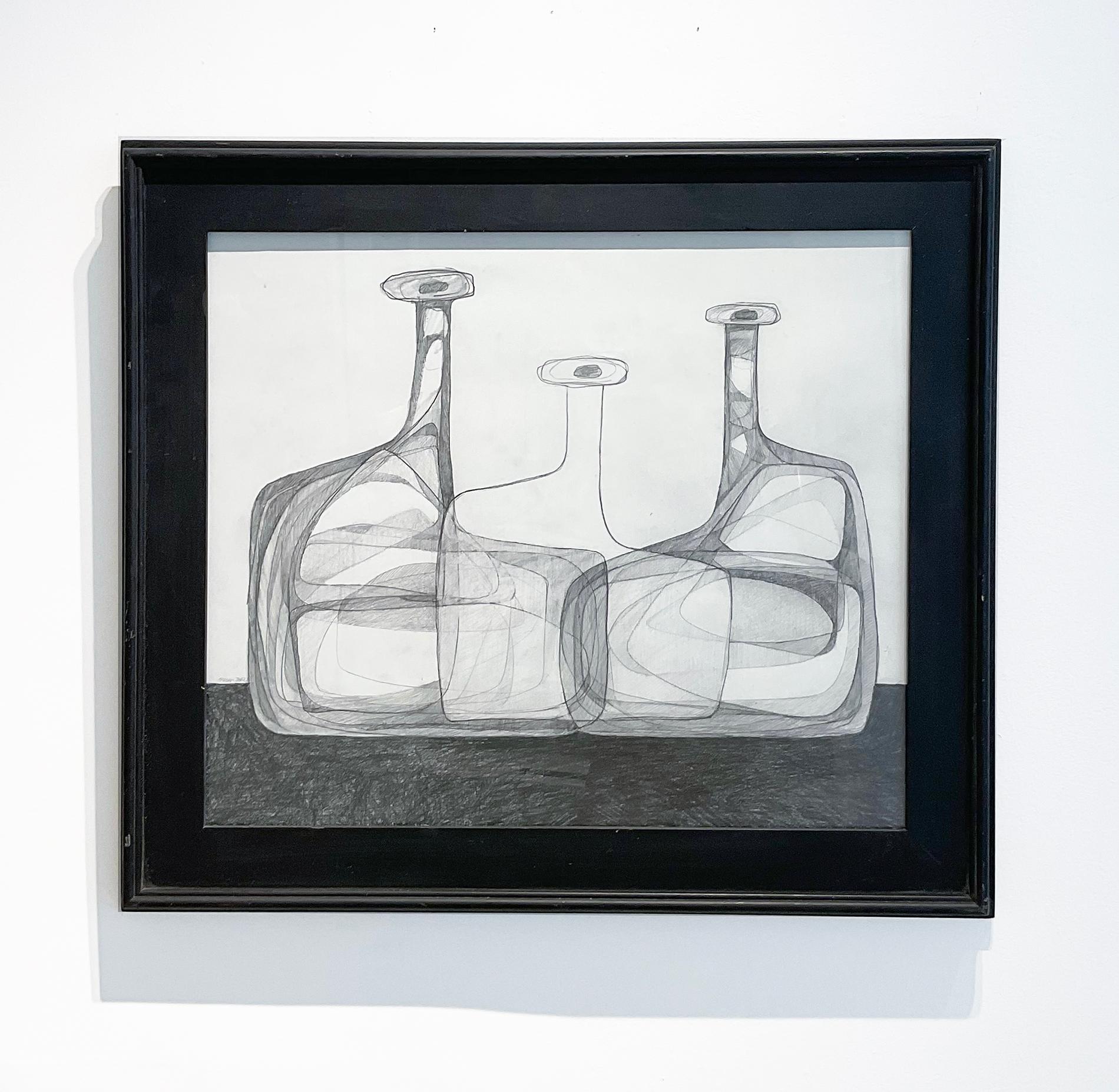 Three Bottles II: Abstract Cubist Style Morandi Bottle Still Life Pencil Drawing - Gray Abstract Drawing by David Dew Bruner