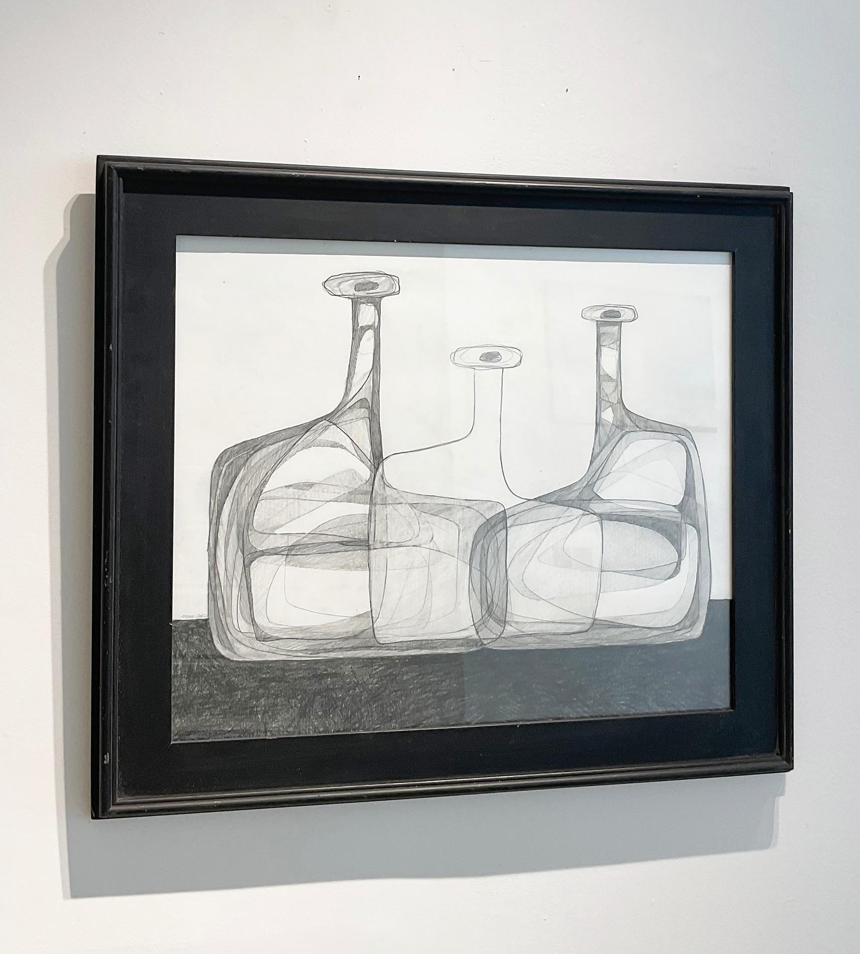 Three Bottles II: Abstract Cubist Style Morandi Bottle Still Life Pencil Drawing For Sale 1