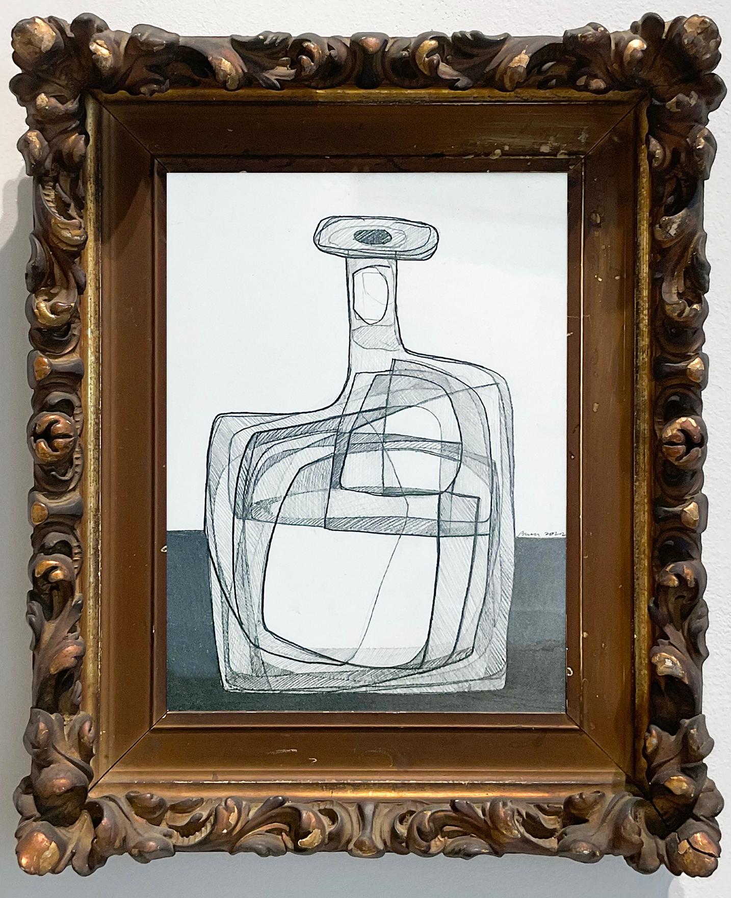 David Dew Bruner Still-Life - Single Bottle: Abstract Morandi Bottle Still Life Pencil Drawing in Rococo Frame