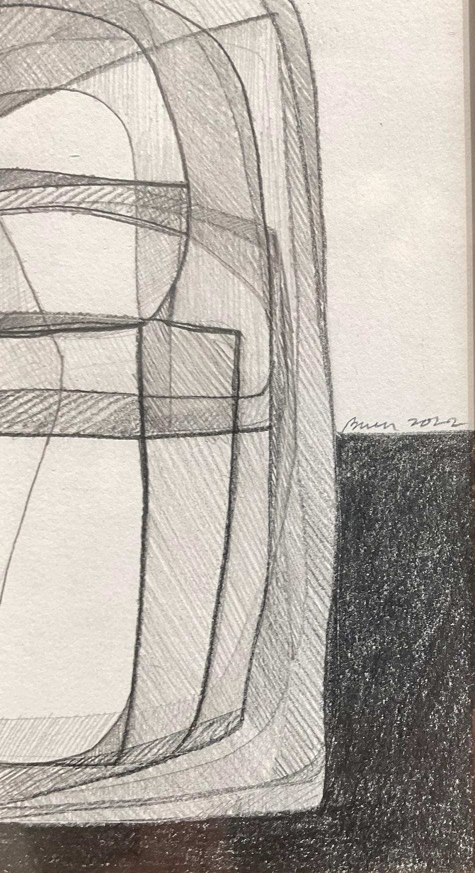 Abstract cubist style still life graphite drawing inspired by Giorgio Morandi's bottle paintings 
“Single Morandi Bottle VIII” by Hudson Valley artist, David Dew Bruner, made in 2022
Graphite on paper in an antique Rococo frame
Sight dimensions: 12