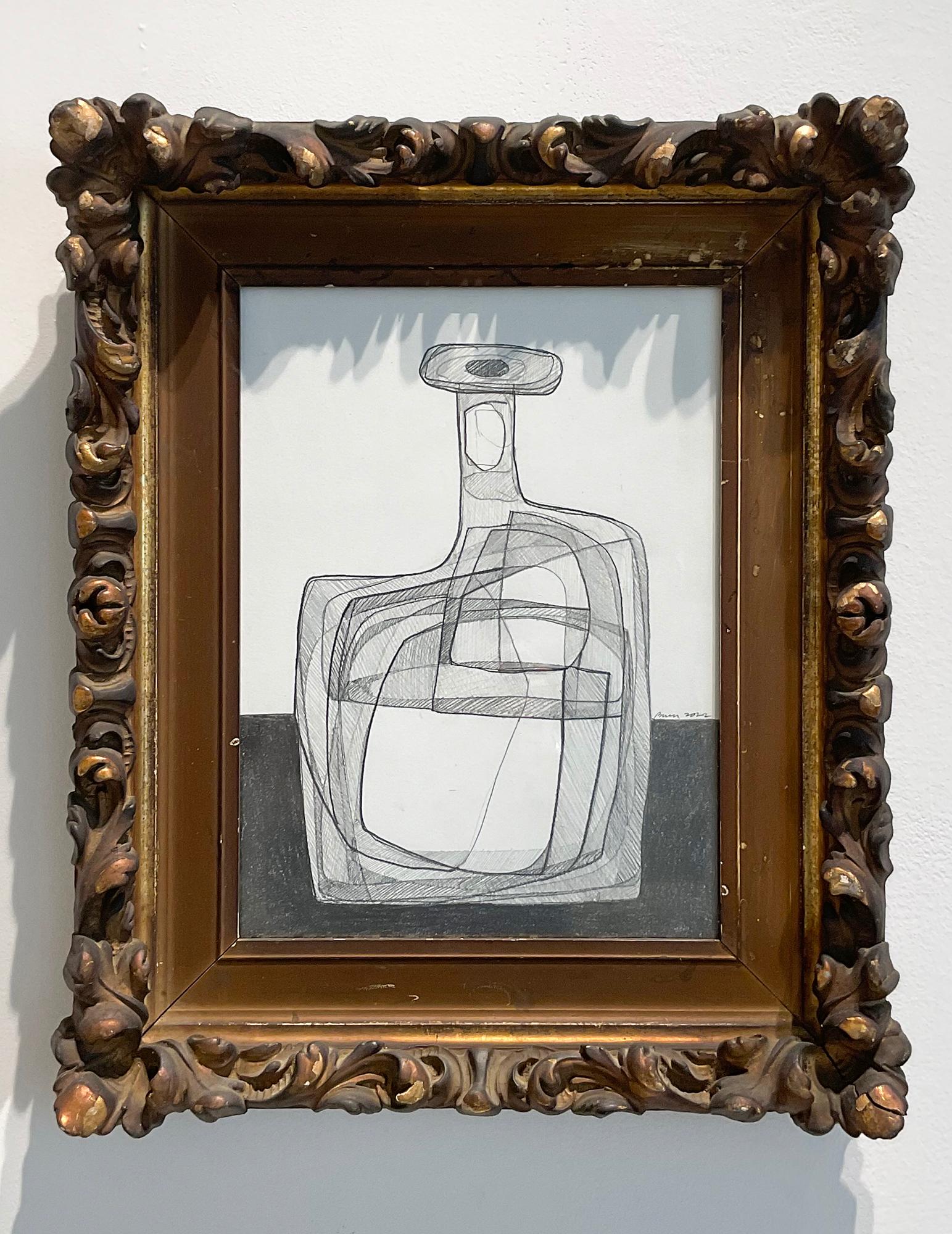 Single Bottle: Abstract Morandi Bottle Still Life Pencil Drawing in Rococo Frame - Art by David Dew Bruner