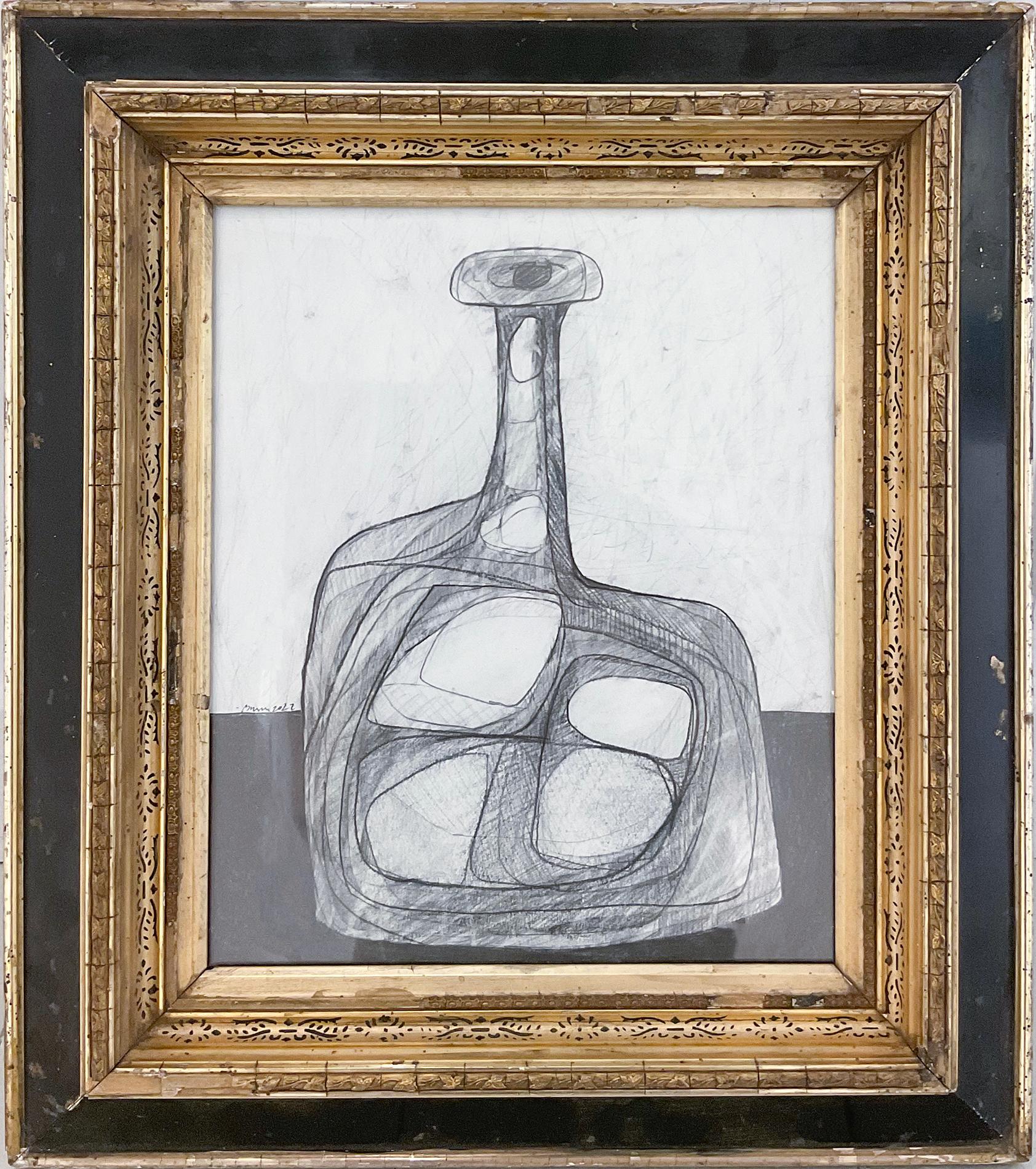 Single Bottle: Abstract Morandi Bottle Still Life Pencil Drawing, Antique Frame