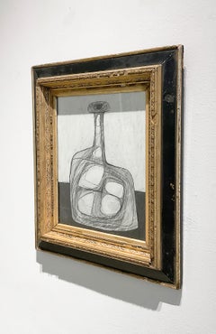 Einzelflasche: Abstraktes Morandi-Flaschen-Stillleben mit Bleistiftzeichnung, antiker Rahmen