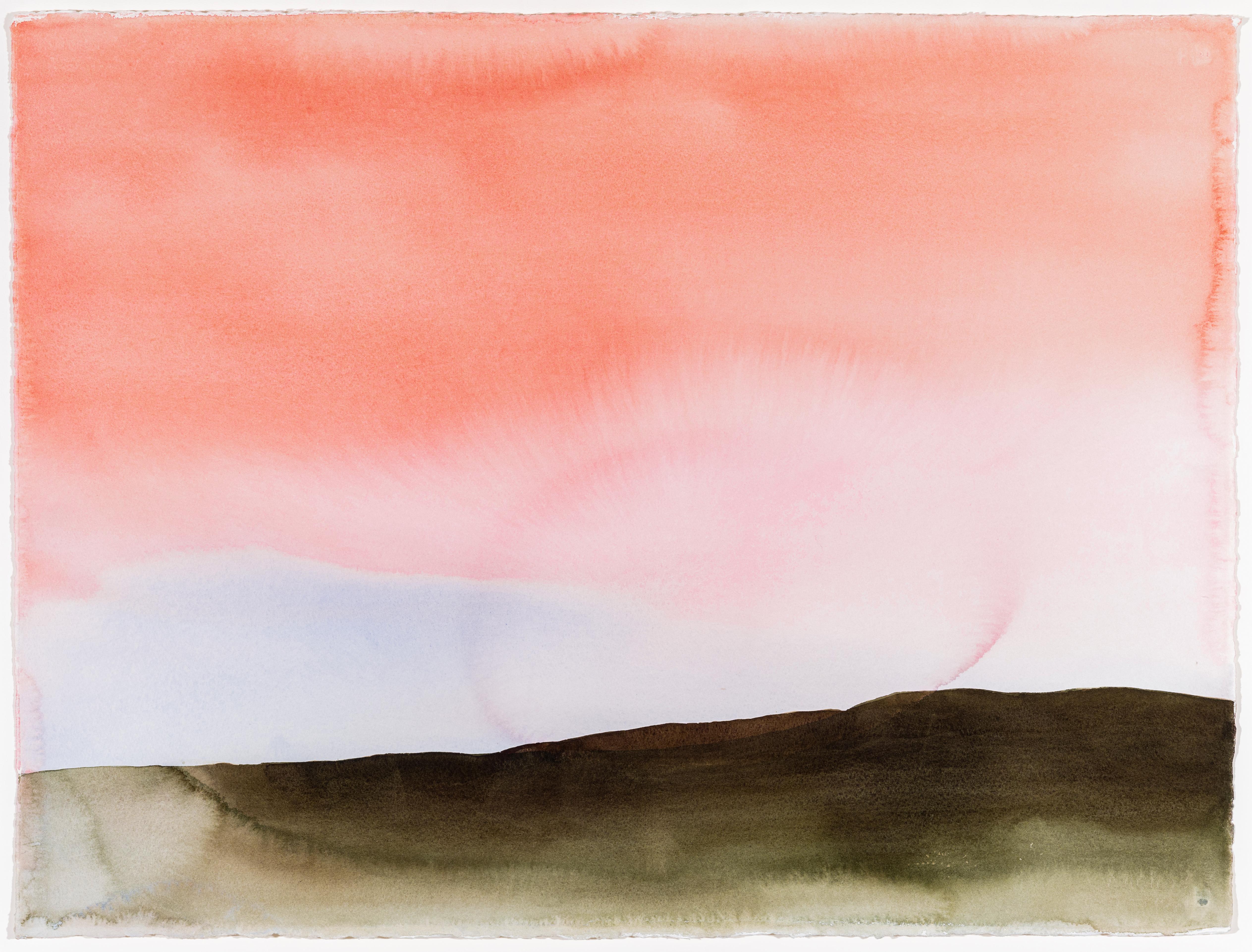 Shawn Dulaney Abstract Drawing - Momentary IV (Abstract Landscape Watercolor with Coral Sky and Green Hills)