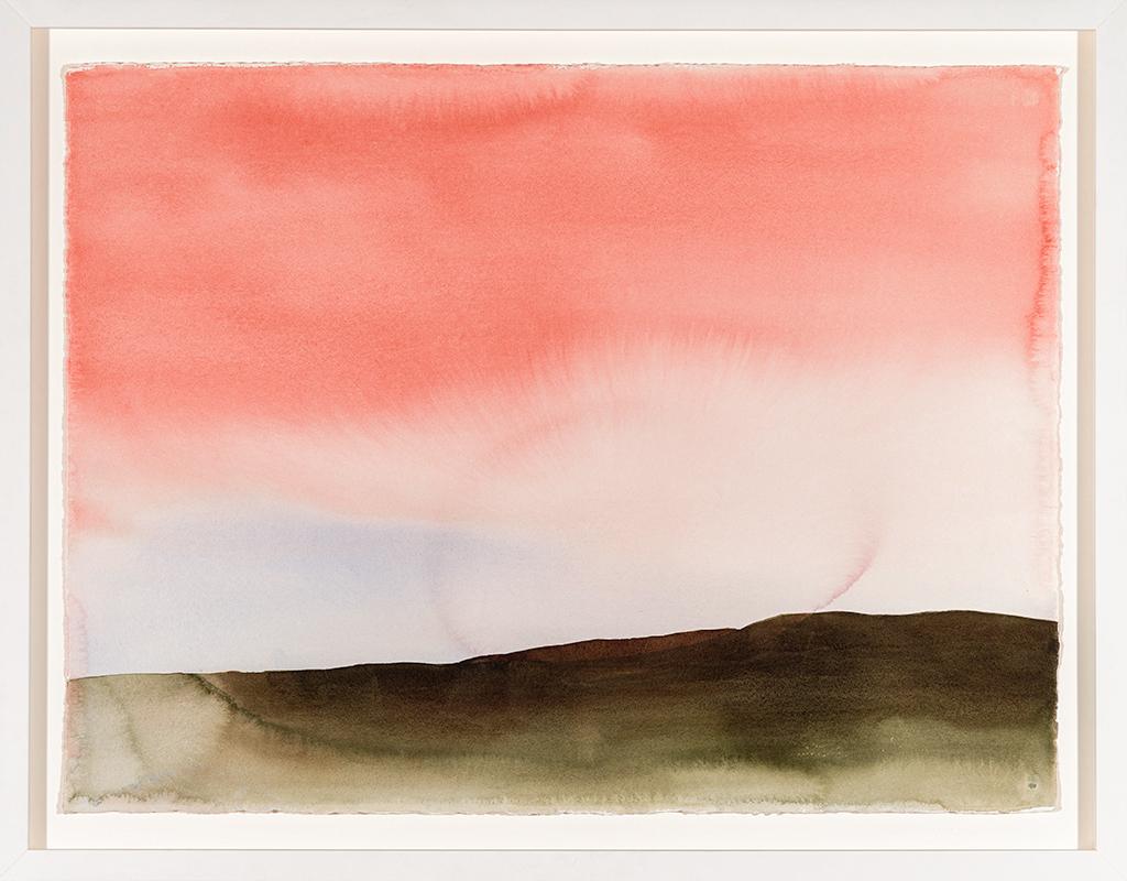 Momentary IV (Abstract Landscape Watercolor with Coral Sky and Green Hills) - Art by Shawn Dulaney