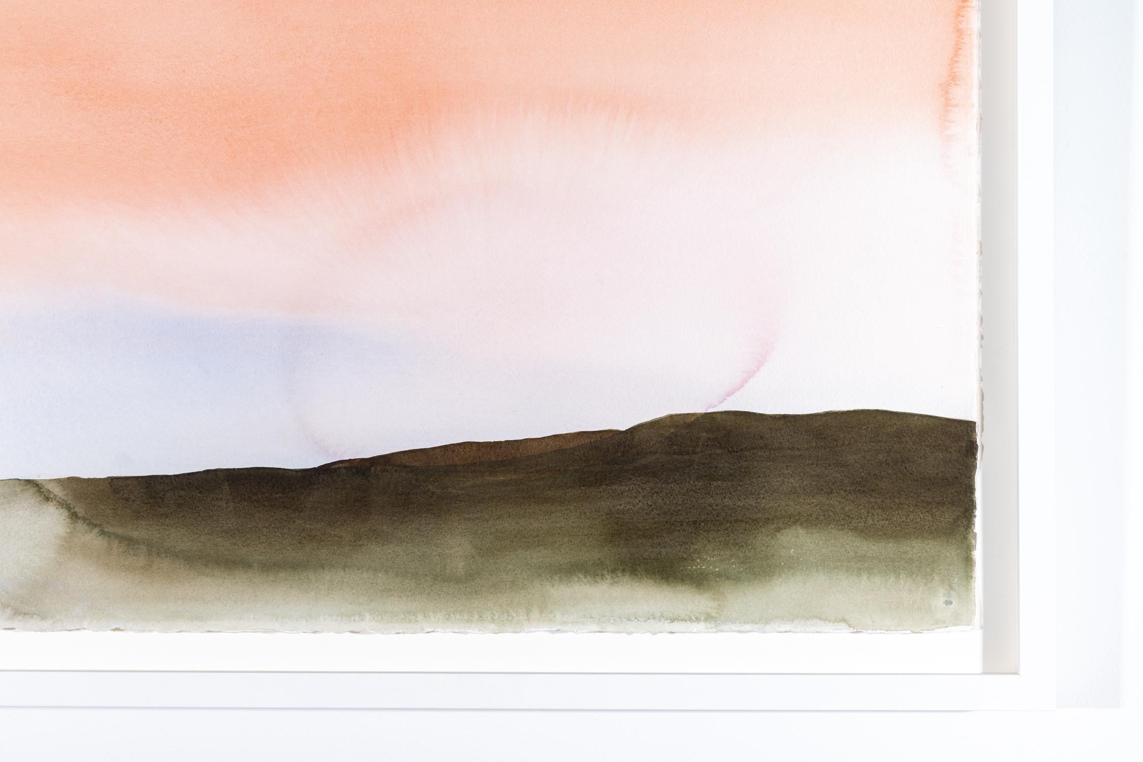Momentary IV (Abstract Landscape Watercolor with Coral Sky and Green Hills) - Color-Field Art by Shawn Dulaney