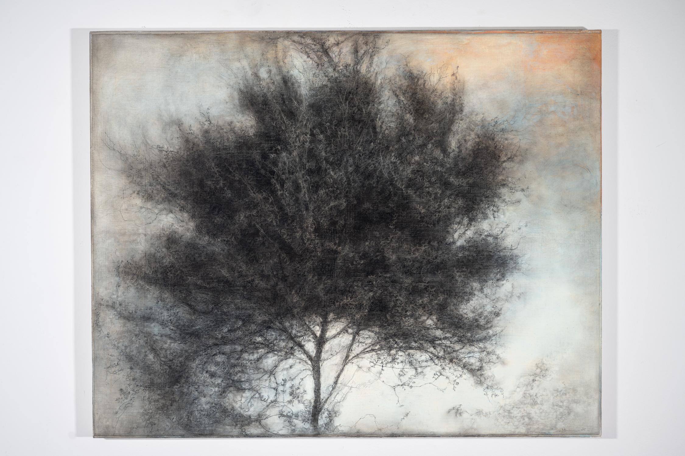 Spindle (Contemporary Charcoal Drawing of A Tree w/ Pale Blue and Peach Sky) - Art by Sue Bryan