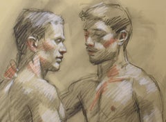 Mark Beard 054 (Figurative Charcoal Drawing of Two Male Nudes on Arches Paper)