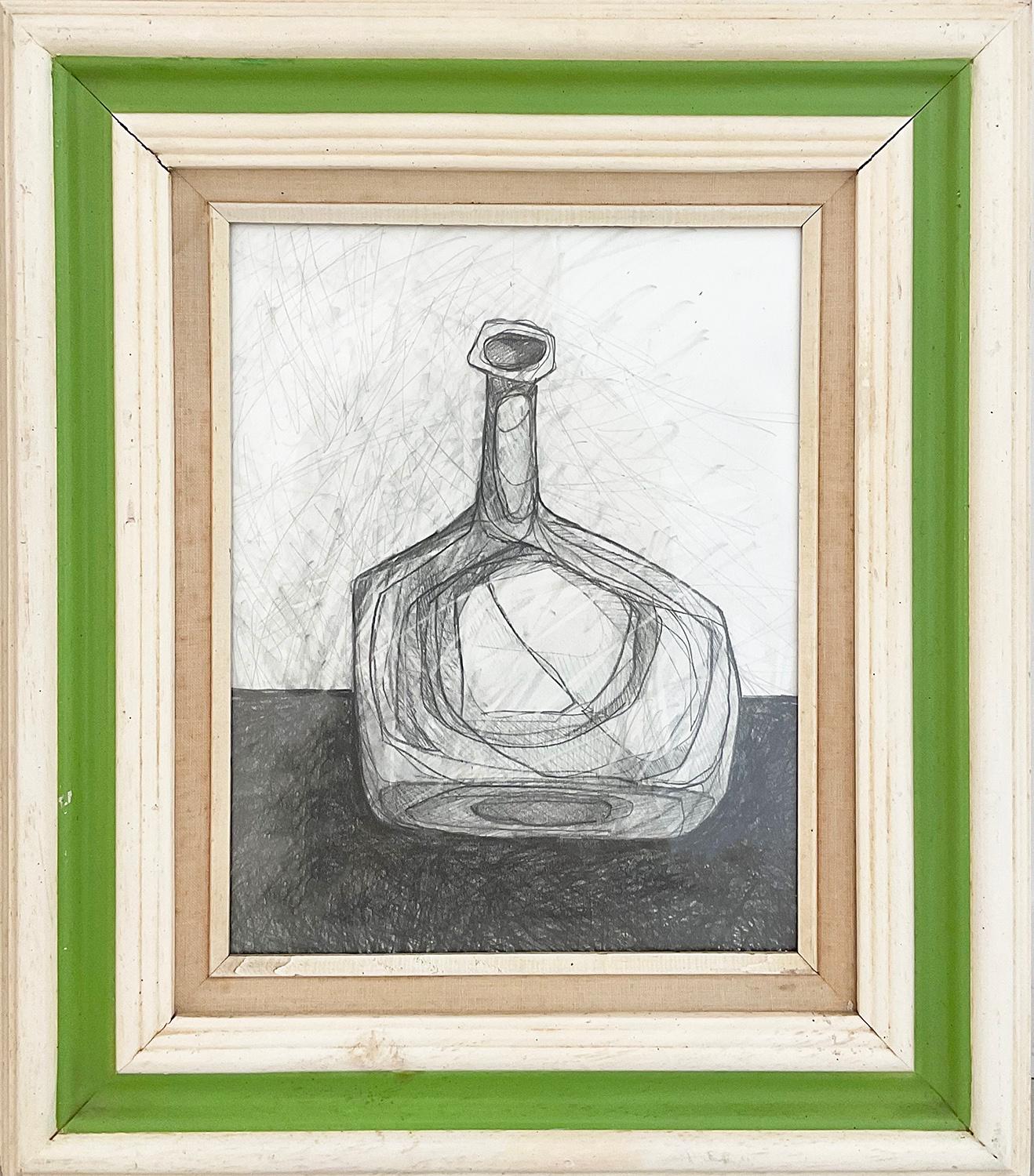 David Dew Bruner Abstract Drawing - Single Bottle IX: Abstract Morandi Bottle Still Life Pencil Drawing, Framed