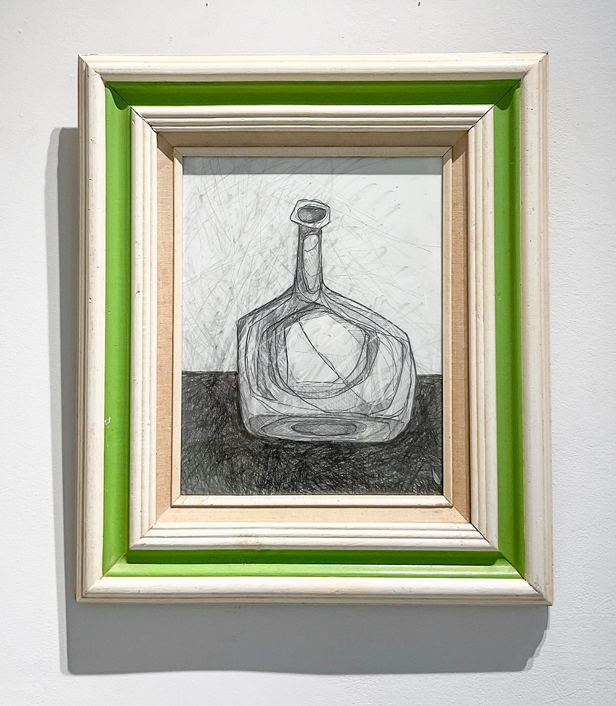 Single Bottle IX: Abstract Morandi Bottle Still Life Pencil Drawing, Framed - Art by David Dew Bruner