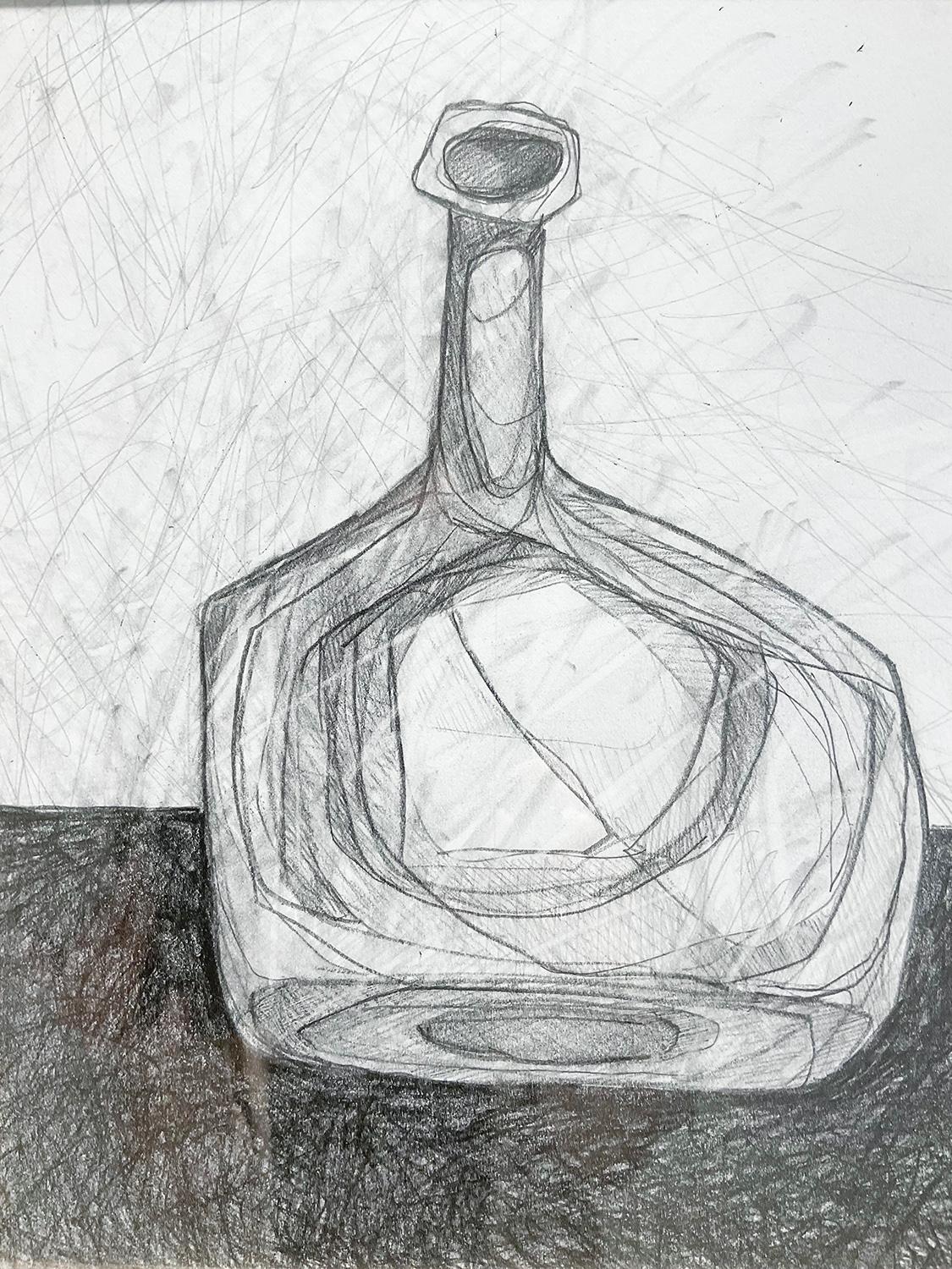 Einzelflasche IX: Abstrakte Morandi-Flasche Stillleben-Bleistiftzeichnung, gerahmt (Beige), Abstract Drawing, von David Dew Bruner
