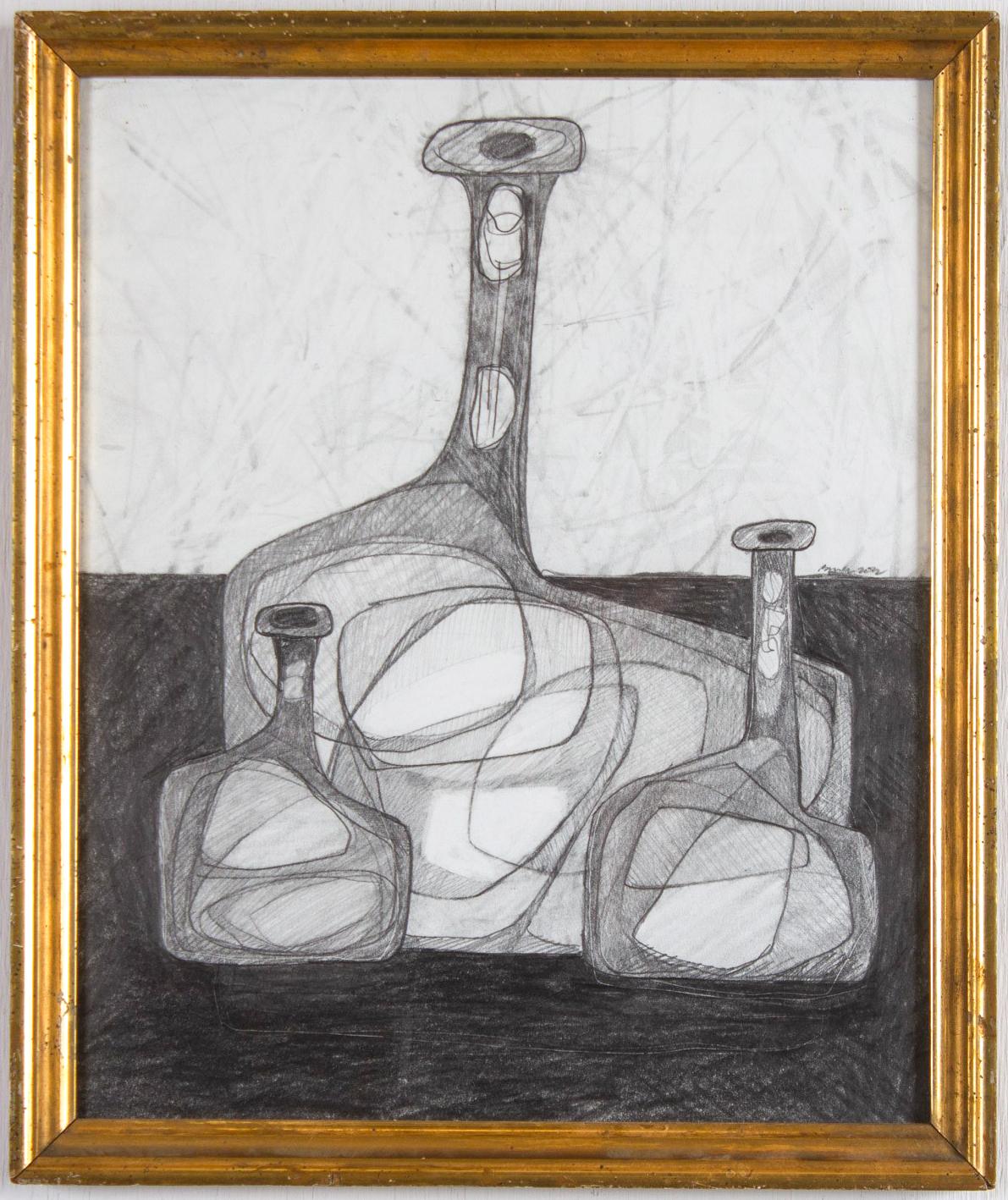 David Dew Bruner Abstract Drawing - Three Bottles: Abstract Cubist Style Morandi Bottle Still Life Pencil Drawing