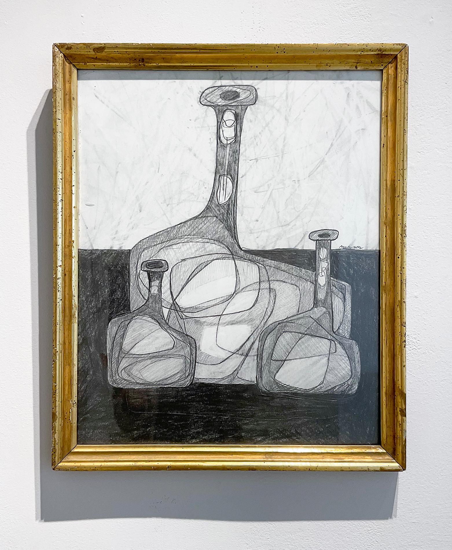 Three Bottles: Abstract Cubist Style Morandi Bottle Still Life Pencil Drawing - Art by David Dew Bruner