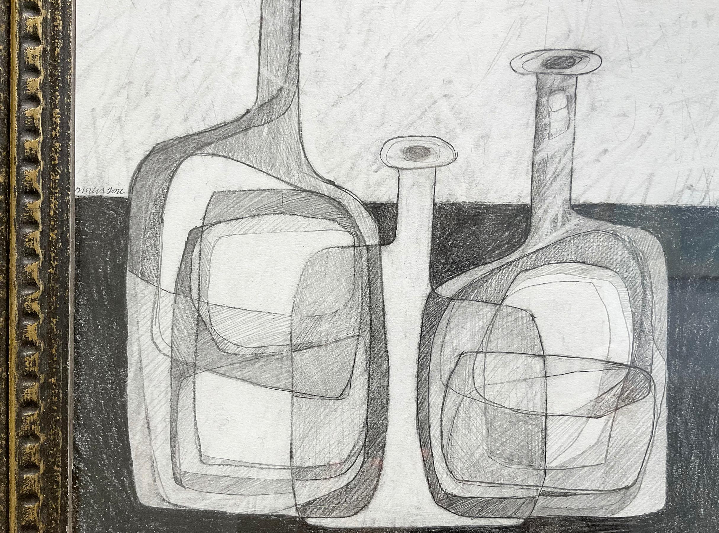 Four Bottles: Abstract Cubist Style Morandi Bottle Still Life Pencil Drawing - Brown Still-Life by David Dew Bruner