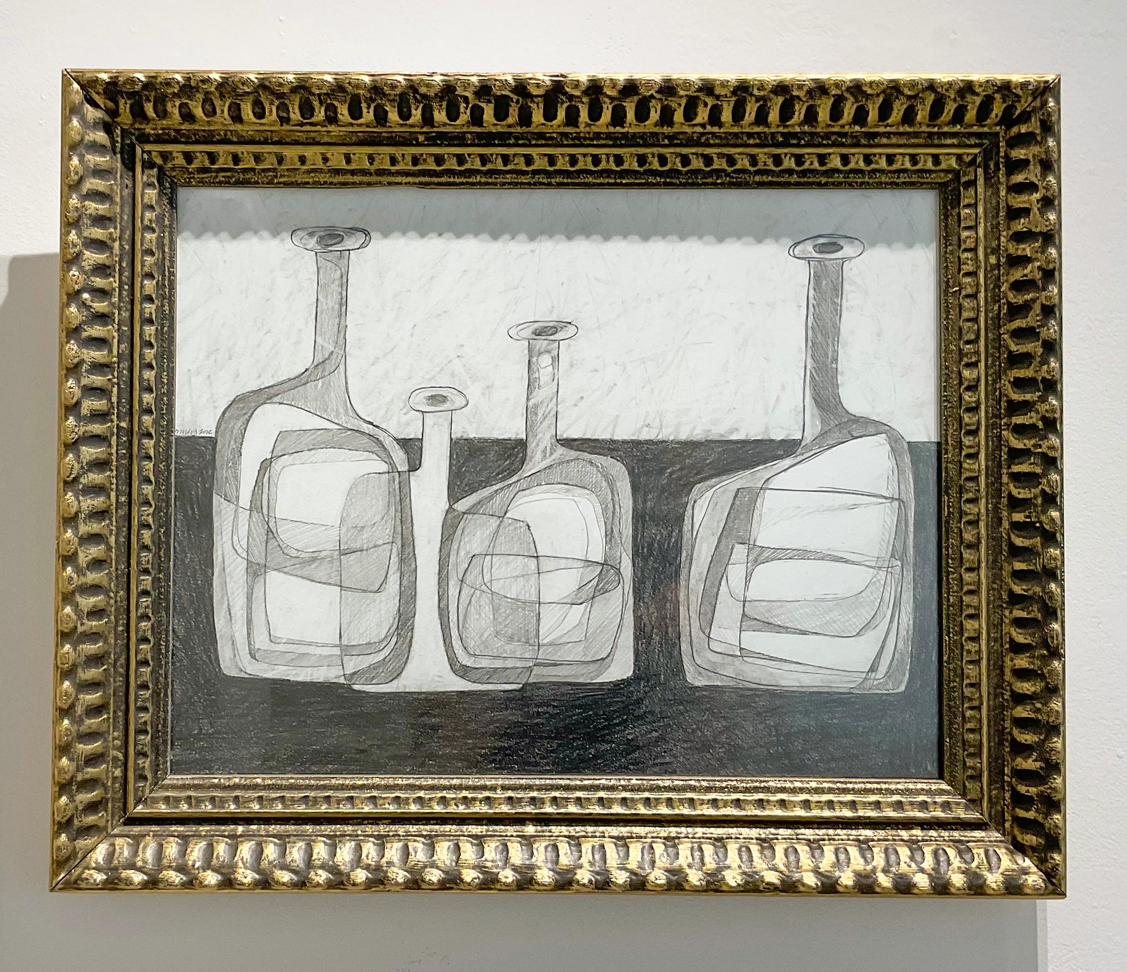Vier Flaschen: Abstrakte Morandi-Flasche Stillleben-Bleistiftzeichnung im kubistischen Stil – Art von David Dew Bruner