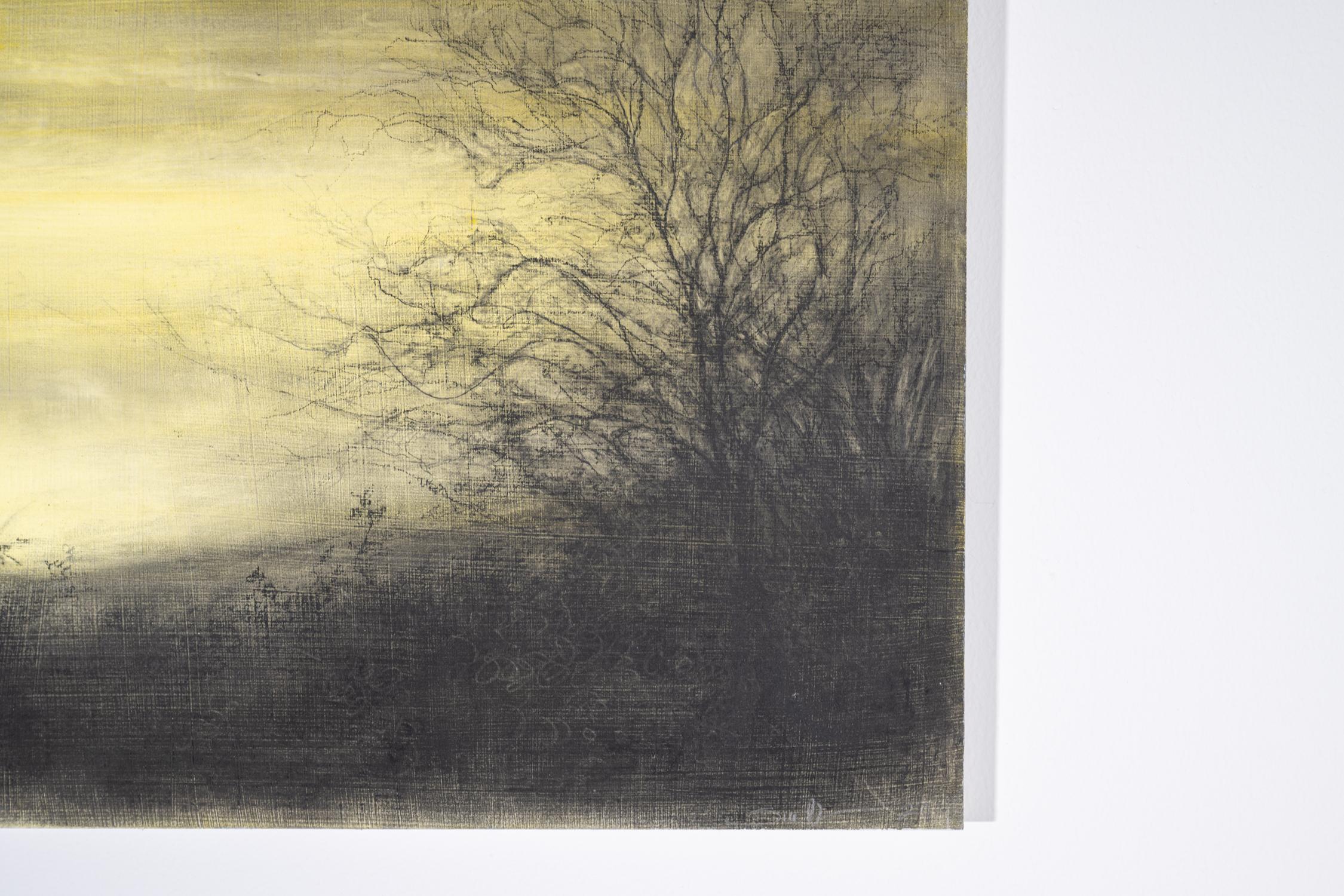 Campo amarillo (Dibujo realista al carboncillo de paisaje forestal de Sue Bryan) 3
