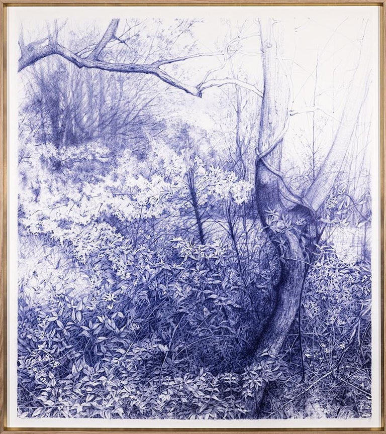 Linda Newman Boughton Still-Life - Dream a Little Dream (Detailed Blue Ball-Point Drawing of a Forest Landscape)