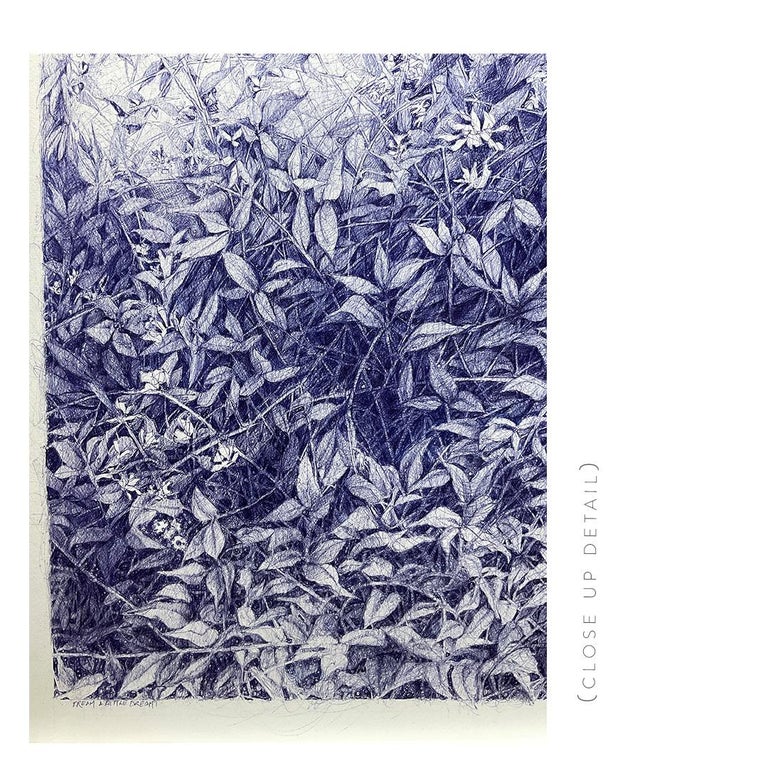Dream a Little Dream (Detailed Blue Ball-Point Drawing of a Forest Landscape) For Sale 1