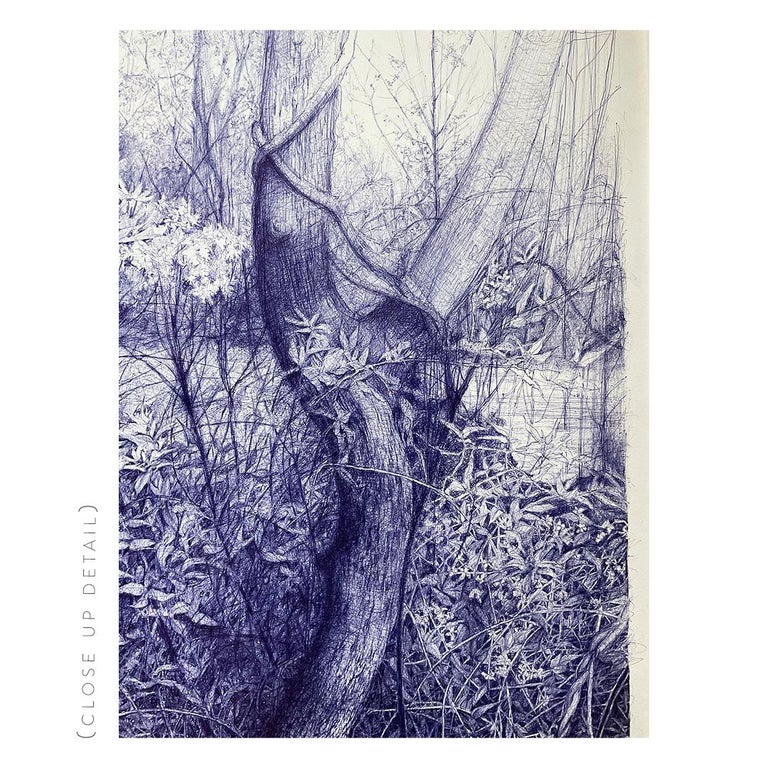 Dream a Little Dream (Detailed Blue Ball-Point Drawing of a Forest Landscape) For Sale 2