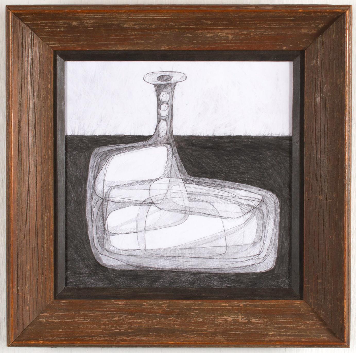 David Dew Bruner Abstract Drawing - Single Bottle V: Abstract Cubist Style Morandi Bottle Still Life Pencil Drawing