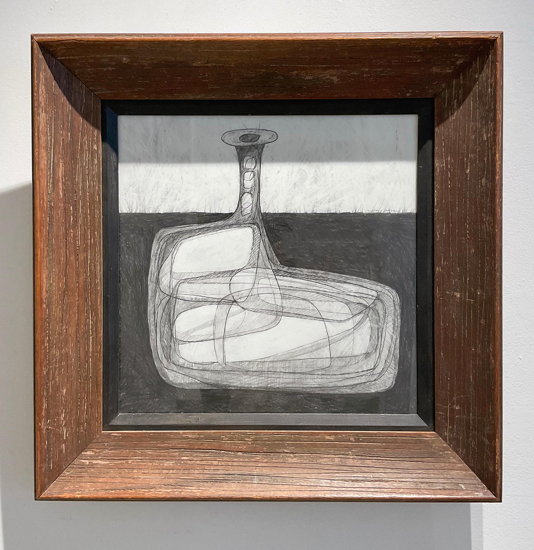 Single Bottle V: Abstract Cubist Style Morandi Bottle Still Life Pencil Drawing - Art by David Dew Bruner