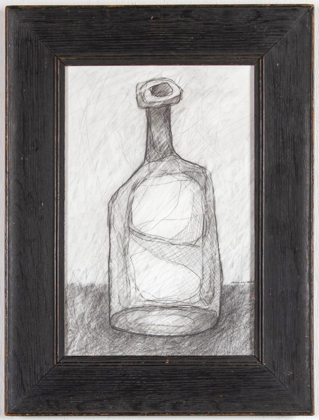 Einzelne Flasche II: Abstrakte Morandi-Flaschen-Stillleben-Bleistiftzeichnung im kubistischen Stil