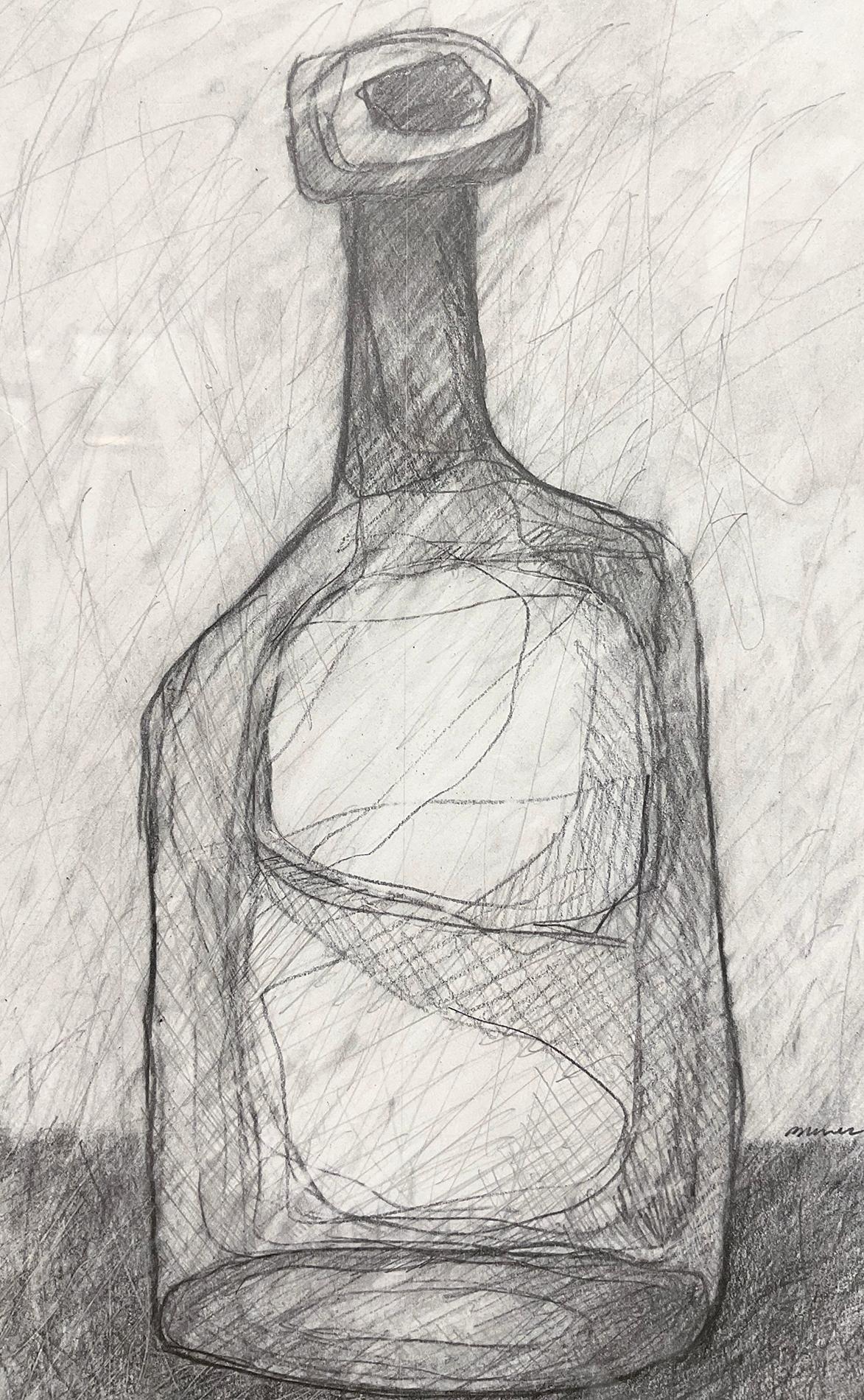 Single Bottle II: Abstract Cubist Style Morandi Bottle Still Life Pencil Drawing - Black Abstract Drawing by David Dew Bruner