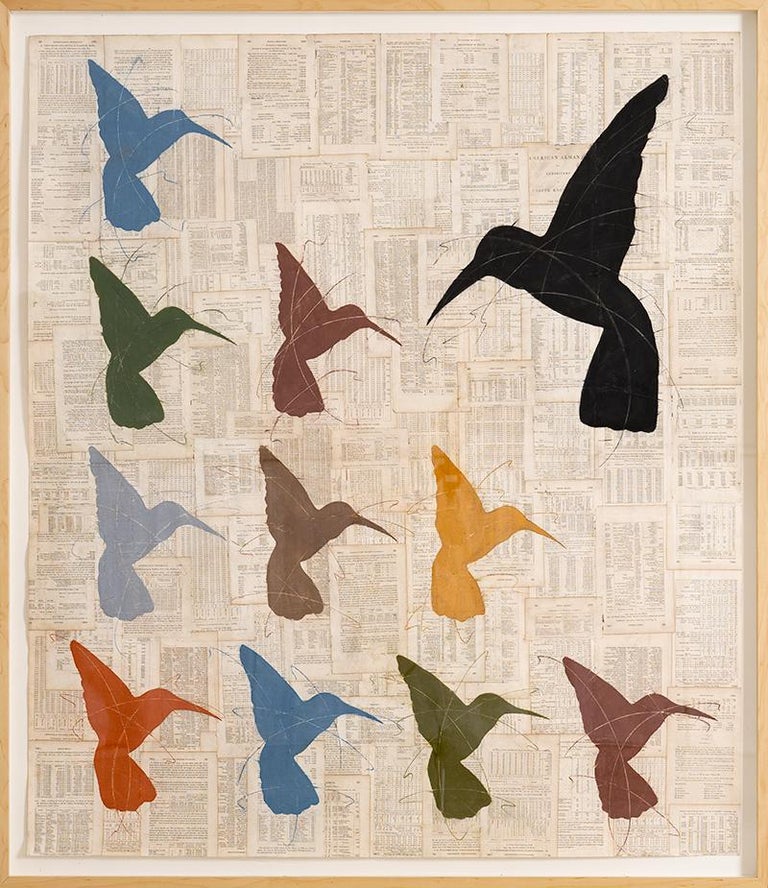 Louise Laplante Figurative Art - An Organization of Birds: Figurative Drawing of Colorful Birds on Antique Paper