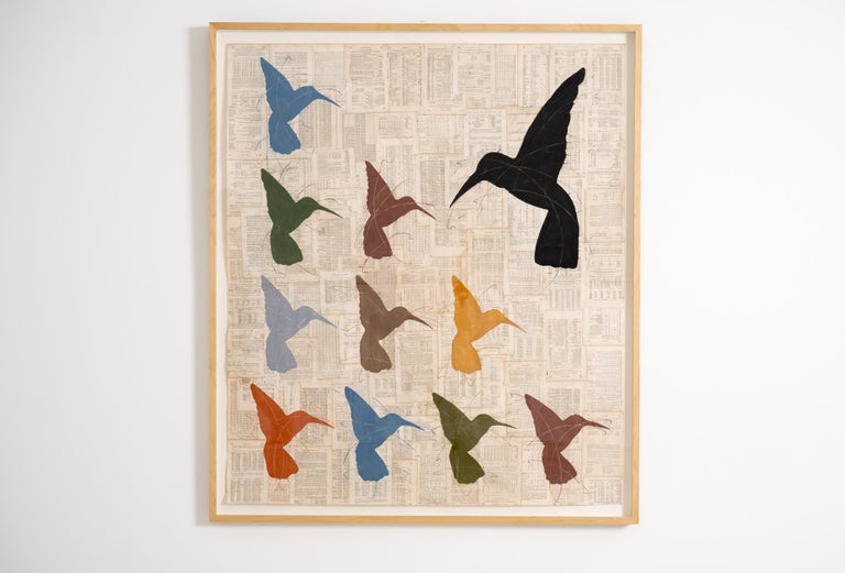 An Organization of Birds: Figurative Drawing of Colorful Birds on Antique Paper - Art by Louise Laplante